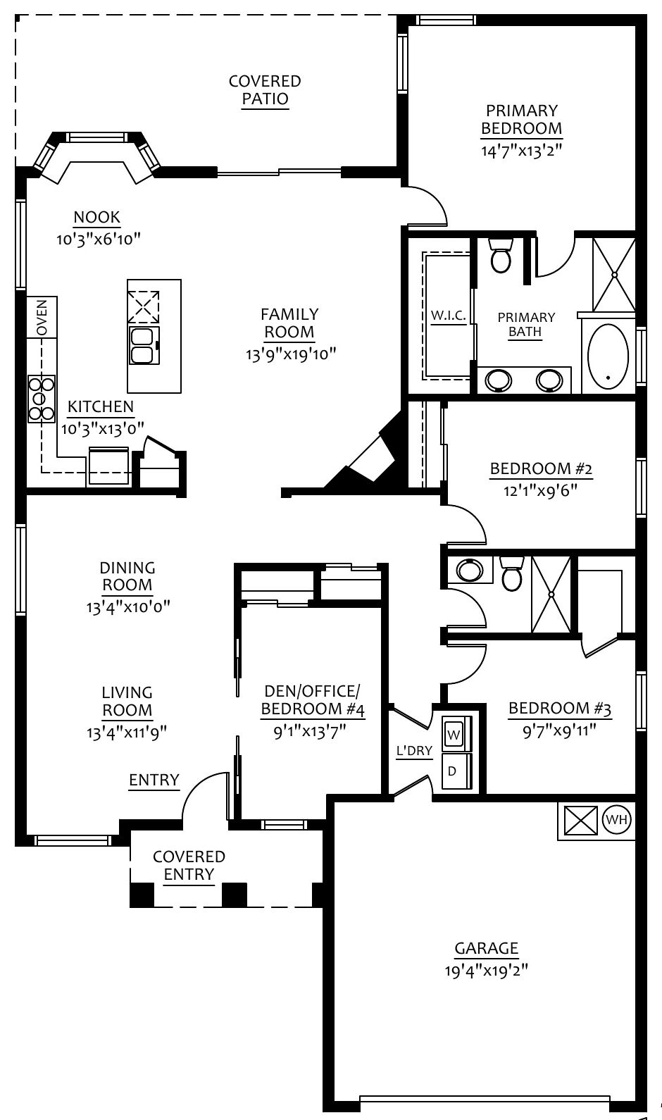 Floor plan of 7771 E Calle Del Minique, including the living room, dining room, family room, kitchen, nook, four bedrooms, two baths, laundry, garage and covered patio.