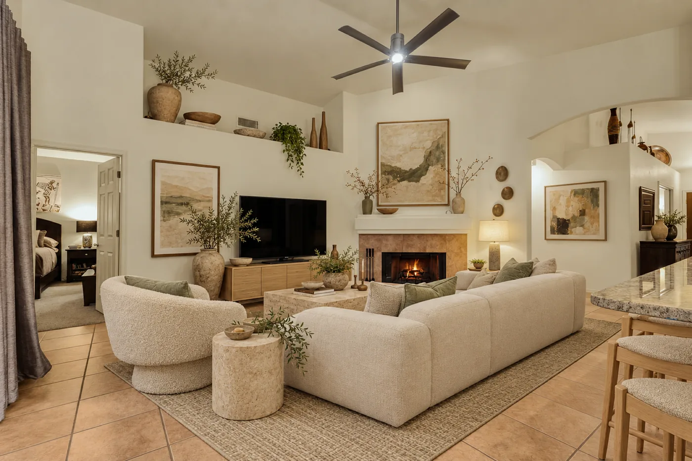 Family room restyled as Desert modern, an AI design concept