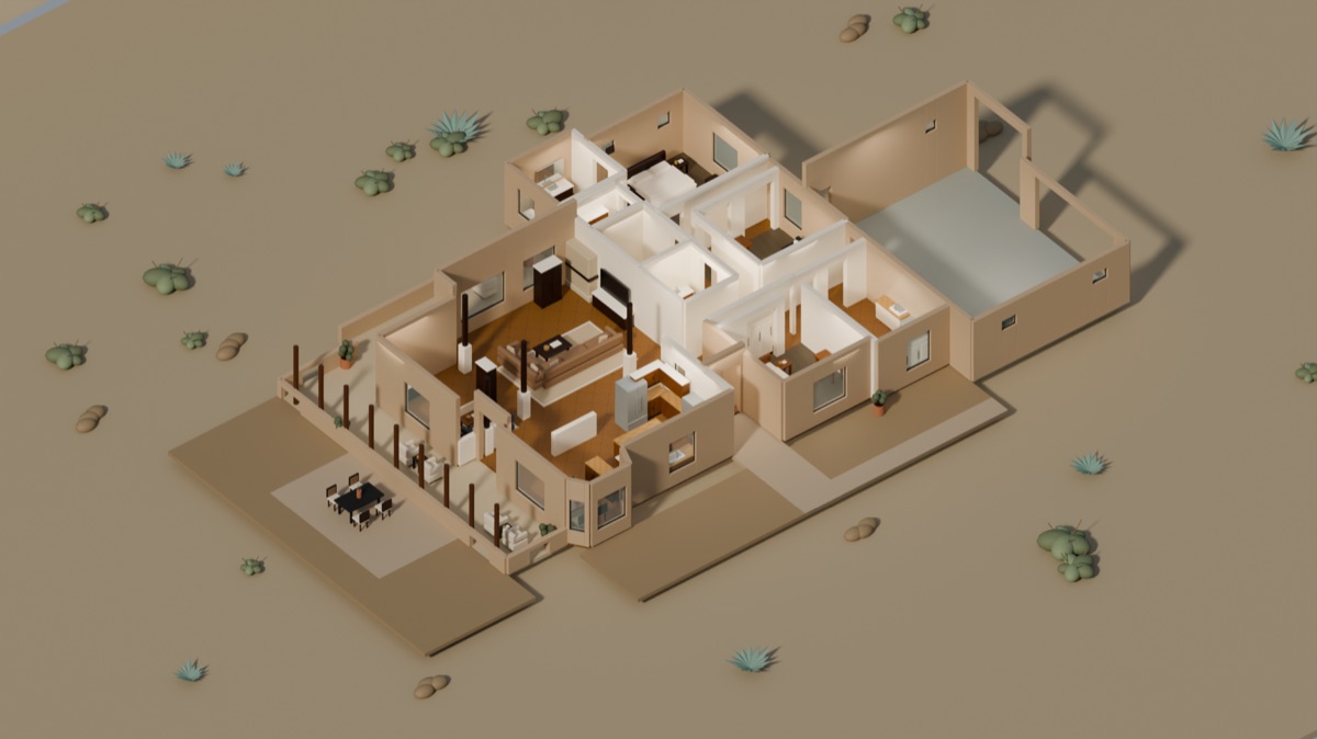 Illustrative dollhouse reconstruction of Camino Rinconado, showing the rooms, garage and covered patio.